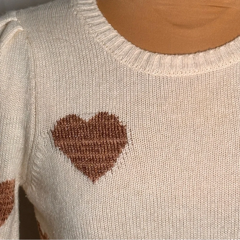 Splendid Cream Heart Sweater Bronze Lurex Hearts Soft Knit Crew Neck Size XS